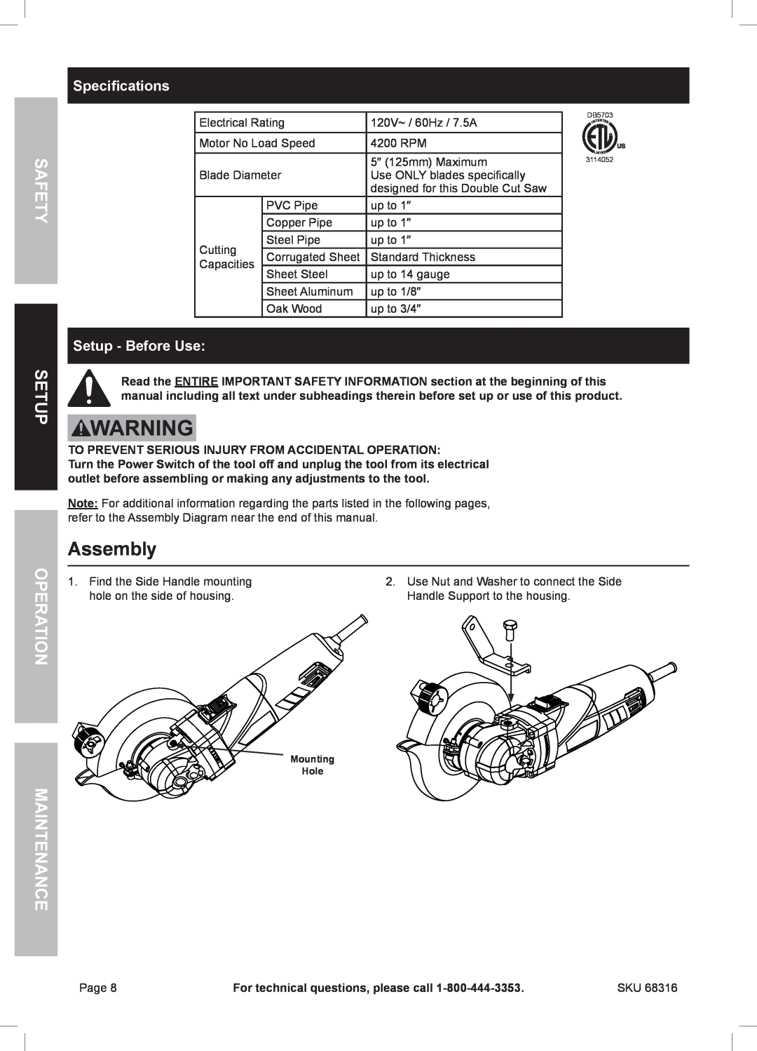 Chicago Electric 68316 owner manual Assembly, Safety Setup Operation, Specifications, Setup - Before Use, Maintenance 