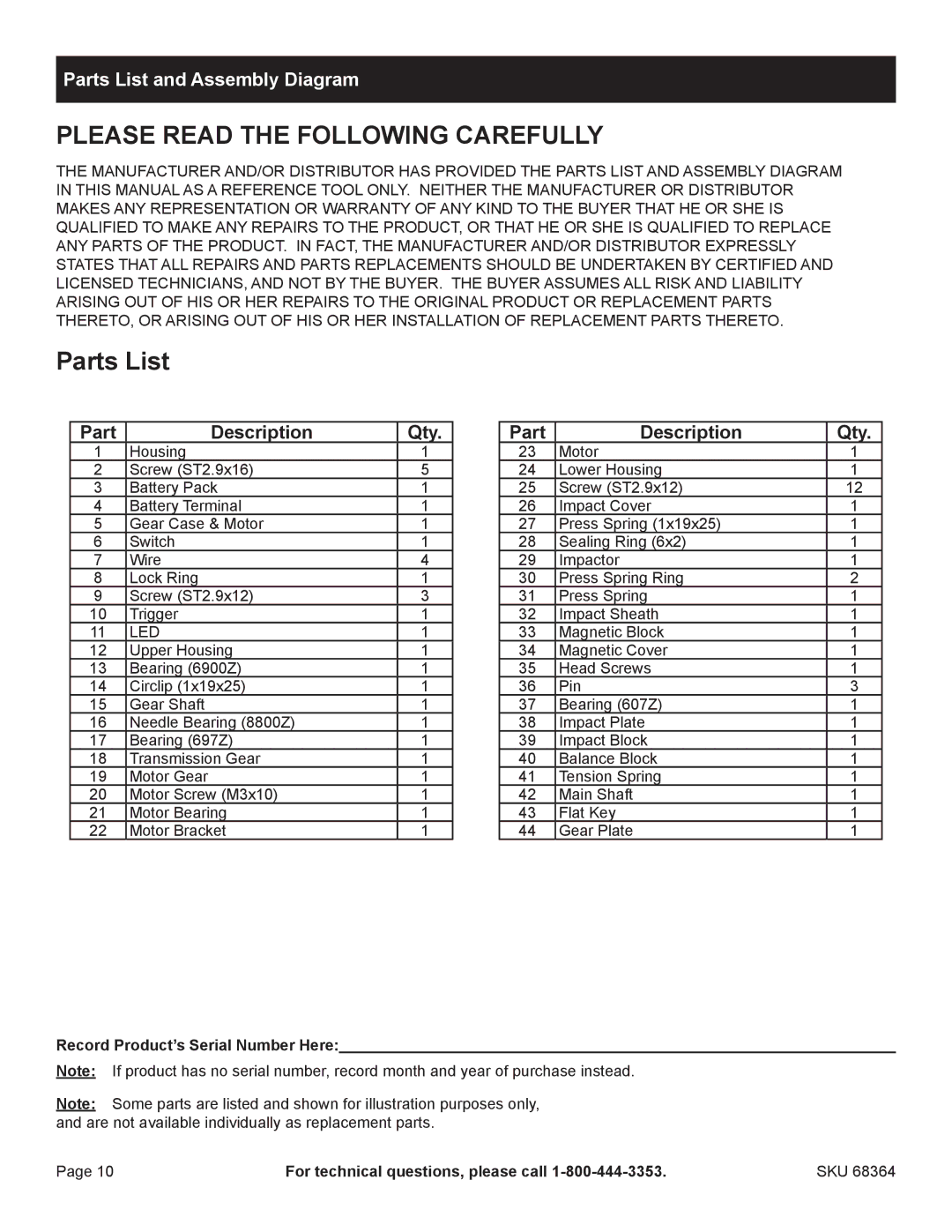 Chicago Electric 68364 manual Parts List and Assembly Diagram 