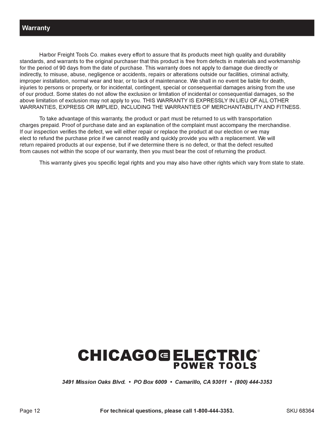 Chicago Electric 68364 manual Warranty 