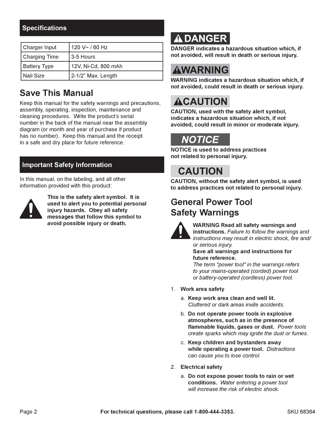 Chicago Electric 68364 Save This Manual, General Power Tool Safety Warnings, Specifications, Important Safety Information 