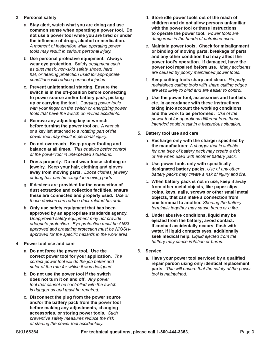 Chicago Electric 68364 manual Personal safety, Sku 