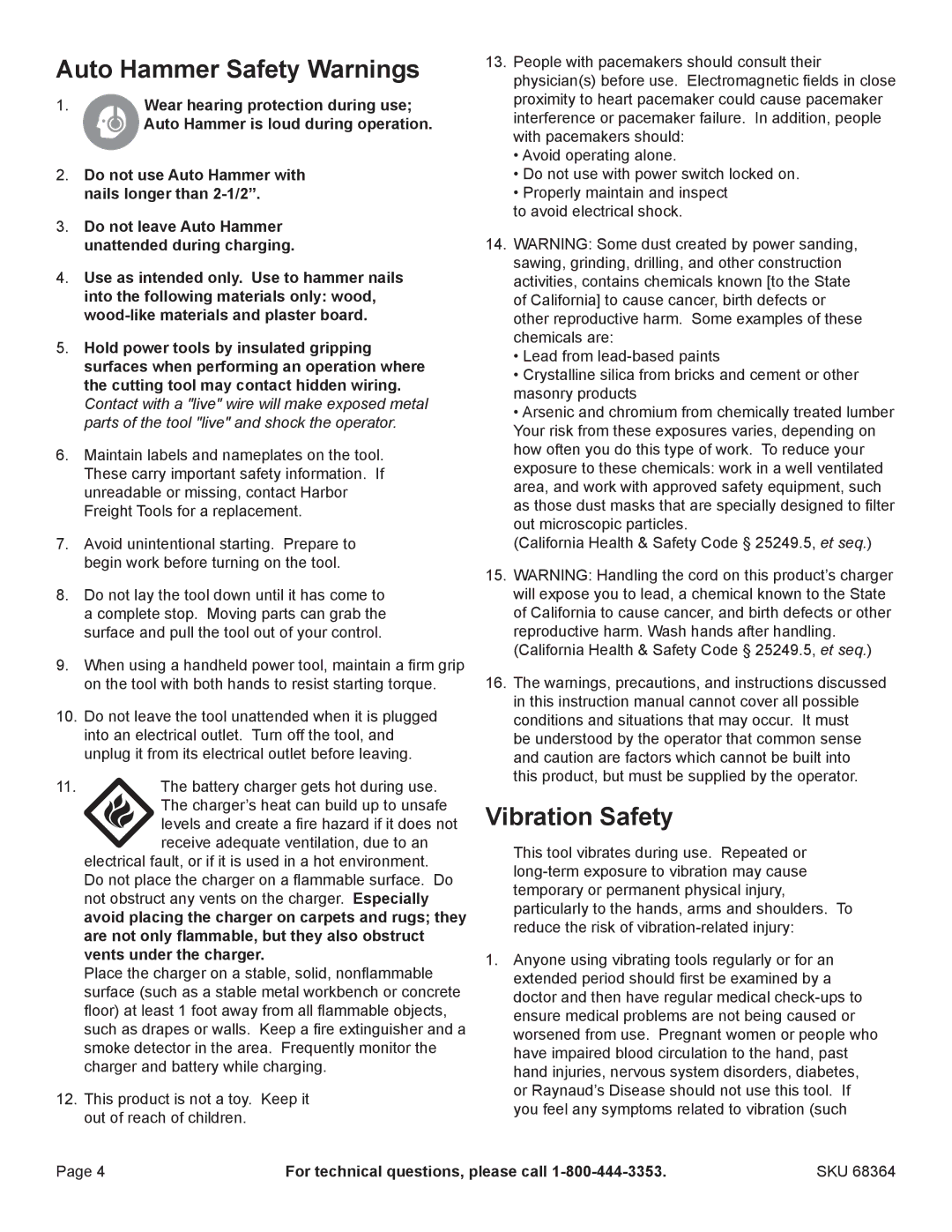 Chicago Electric 68364 manual Auto Hammer Safety Warnings, Vibration Safety 