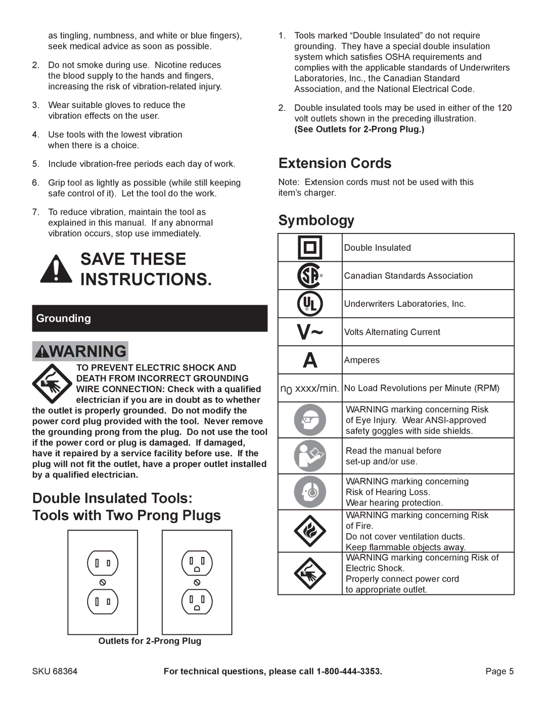 Chicago Electric 68364 manual Double Insulated Tools Tools with Two Prong Plugs, Extension Cords Symbology, Grounding 