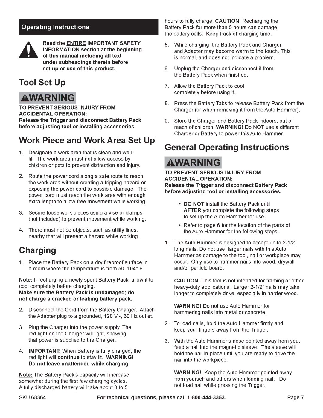 Chicago Electric 68364 manual Tool Set Up, Work Piece and Work Area Set Up, Charging, General Operating Instructions 