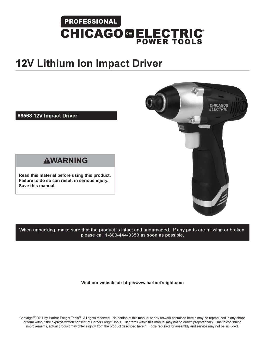 Chicago Electric manual 12V Lithium Ion Impact Driver, 68568 12V Impact Driver 