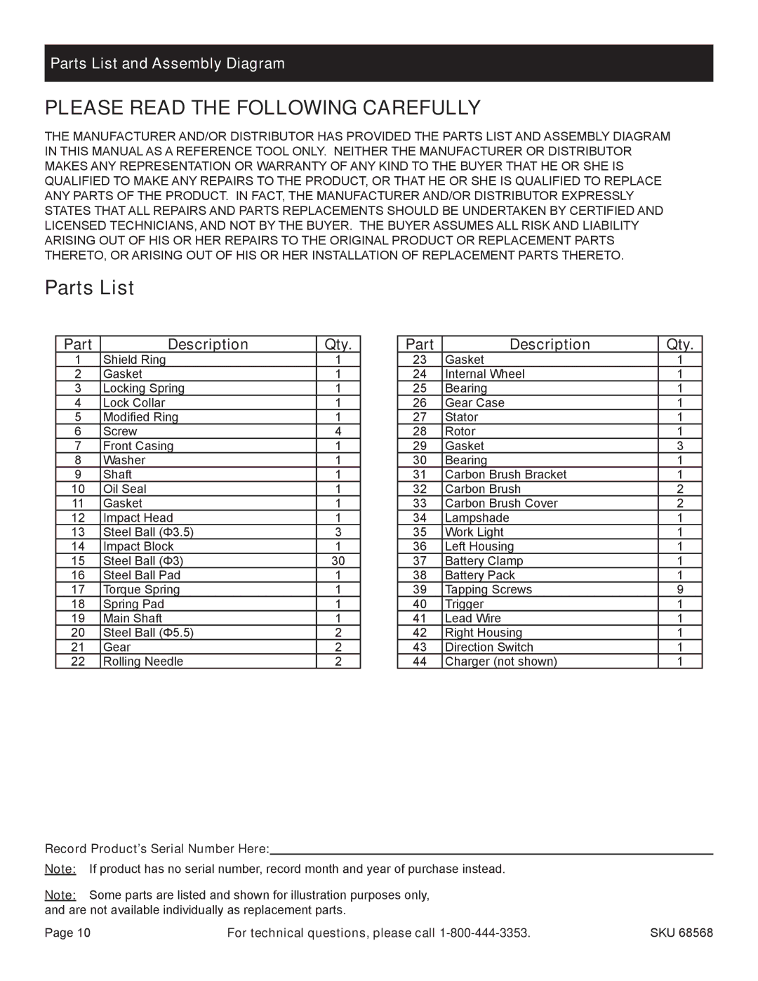 Chicago Electric 68568 manual Parts List and Assembly Diagram 