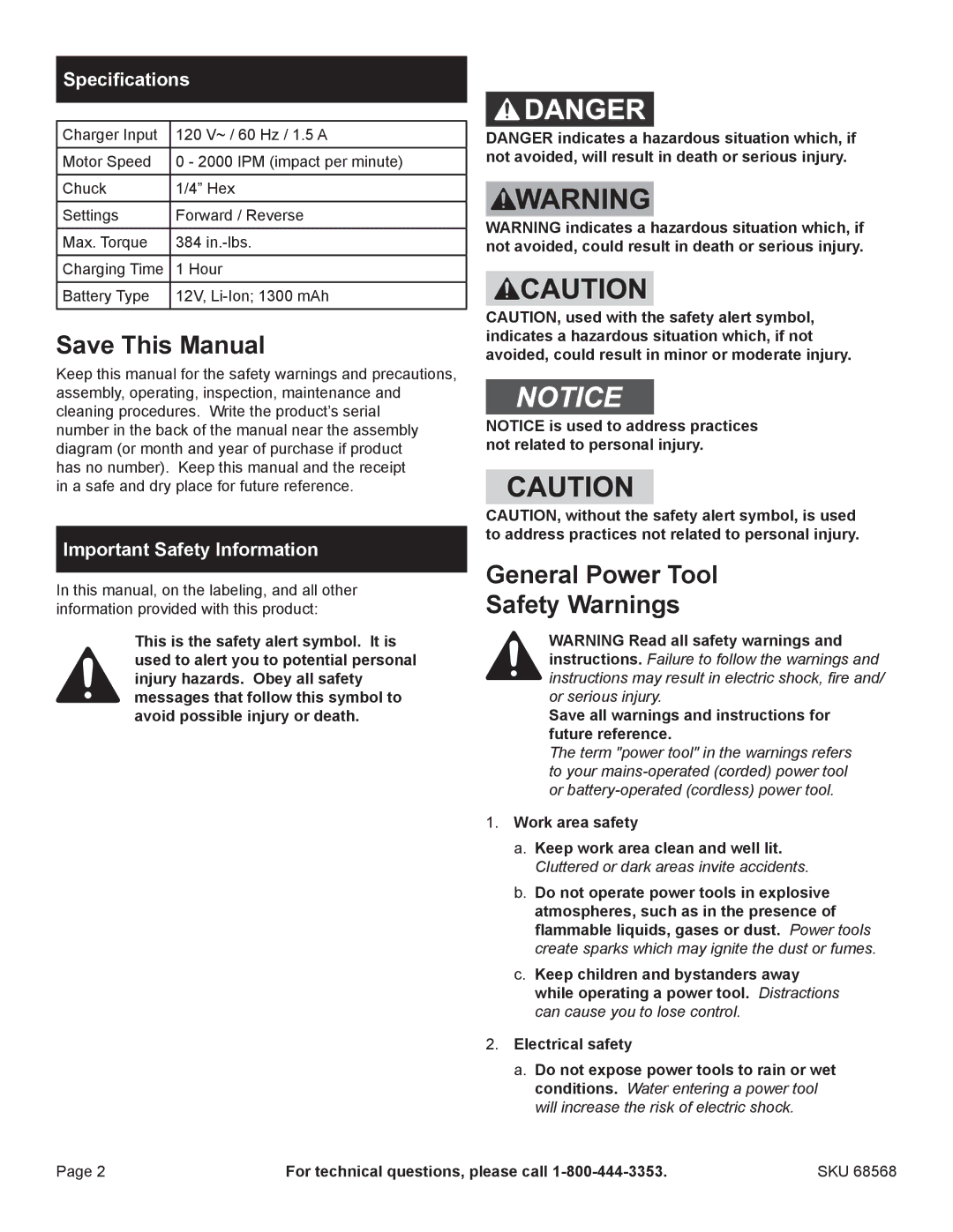 Chicago Electric 68568 Save This Manual, General Power Tool Safety Warnings, Specifications, Important Safety Information 