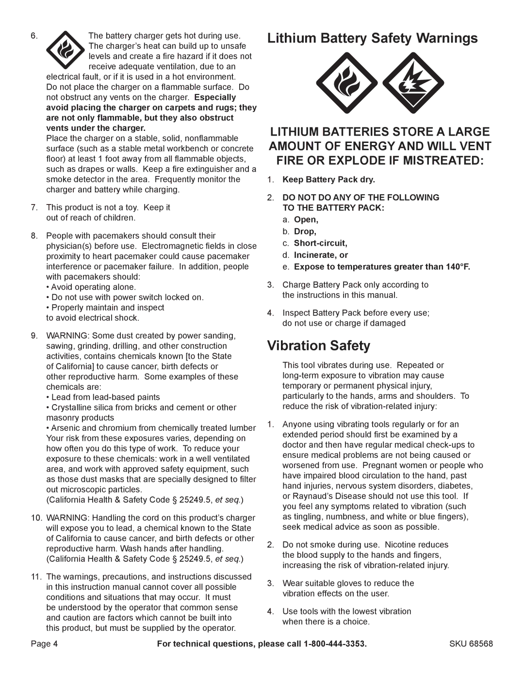 Chicago Electric 68568 manual Lithium Battery Safety Warnings, Vibration Safety 