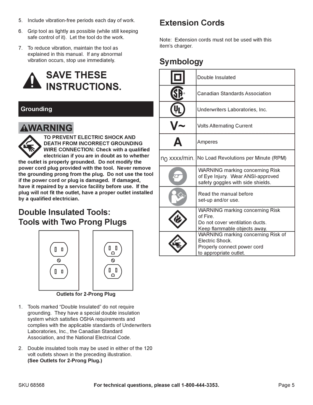 Chicago Electric 68568 manual Double Insulated Tools Tools with Two Prong Plugs, Extension Cords Symbology, Grounding 