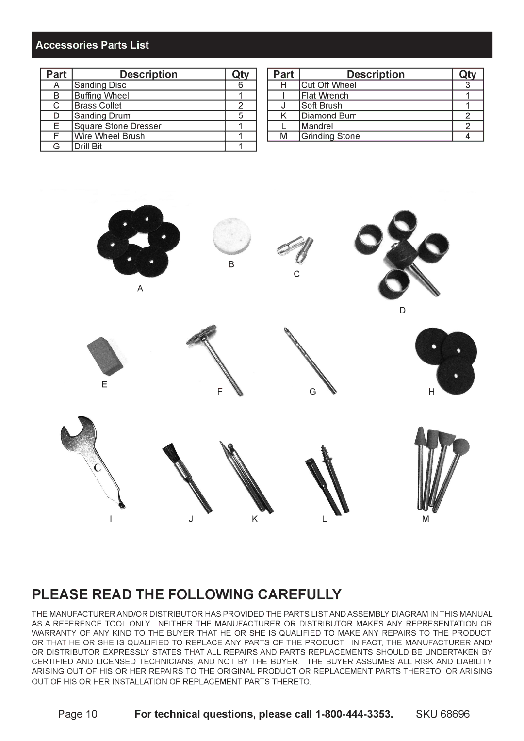 Chicago Electric 68696 owner manual Accessories Parts List, Part Description Qty 