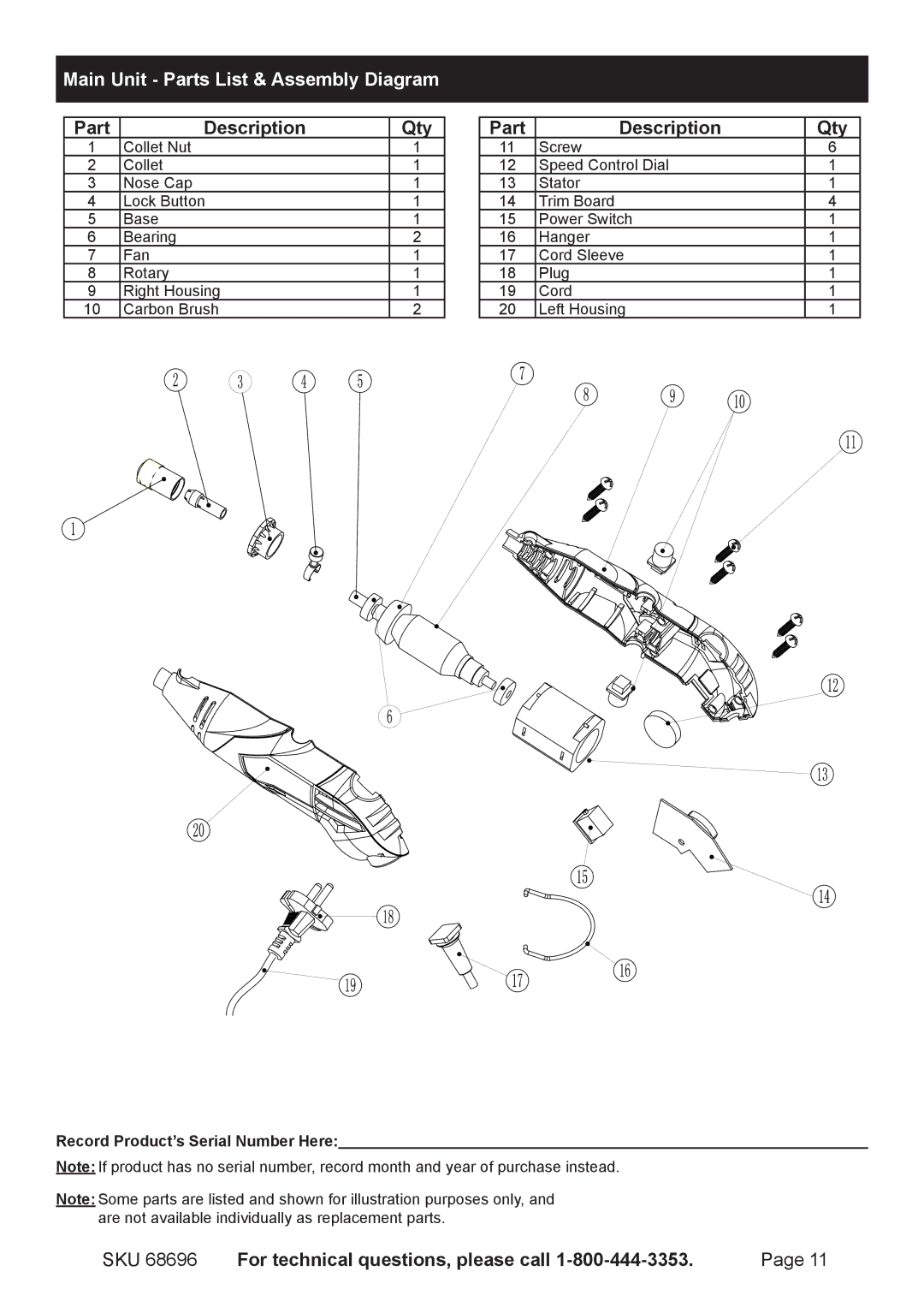 Chicago Electric 68696 Main Unit Parts List & Assembly Diagram, Part Description, SKU For technical questions, please call 