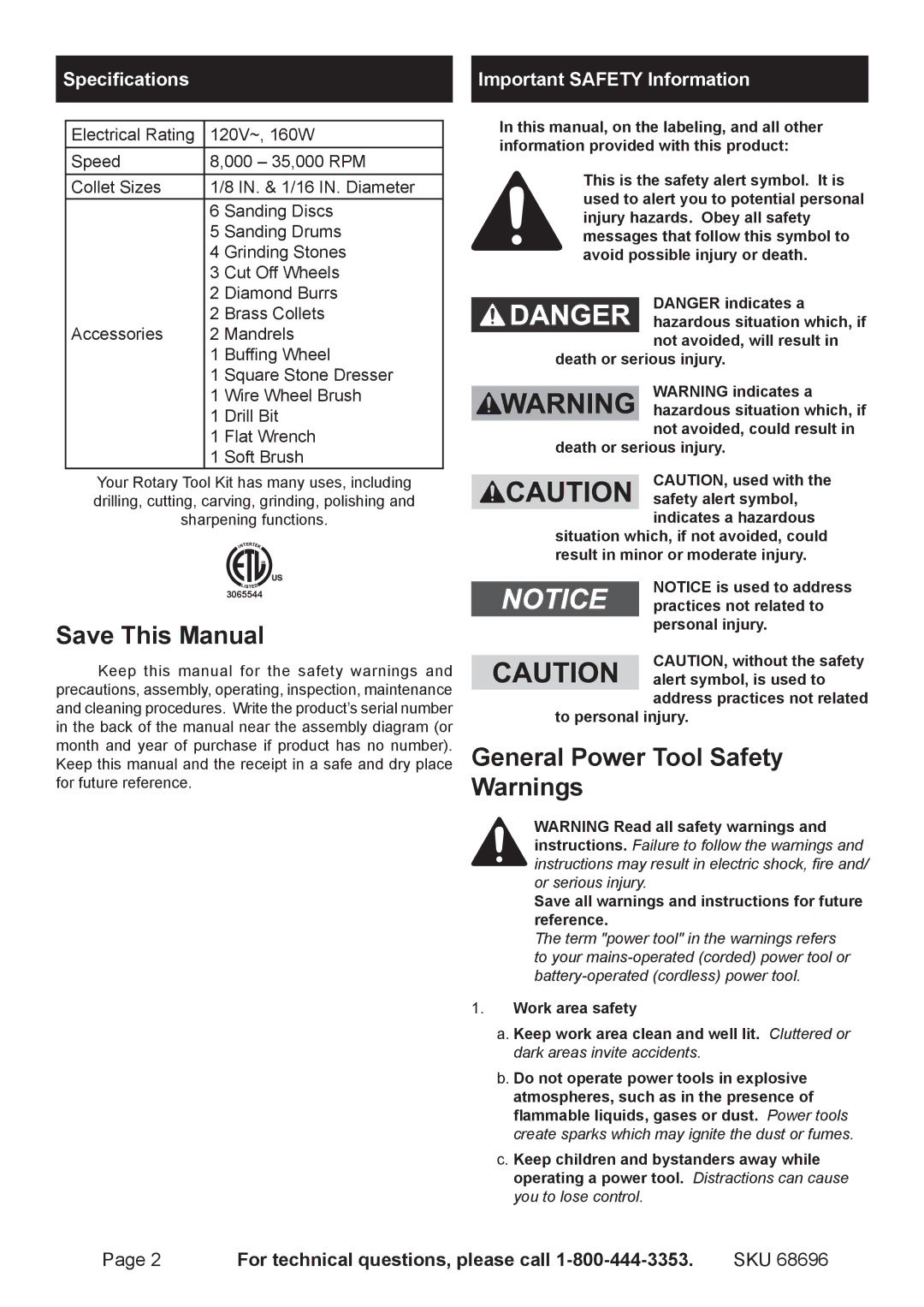 Chicago Electric 68696 Save This Manual, General Power Tool Safety Warnings, Specifications Important Safety Information 