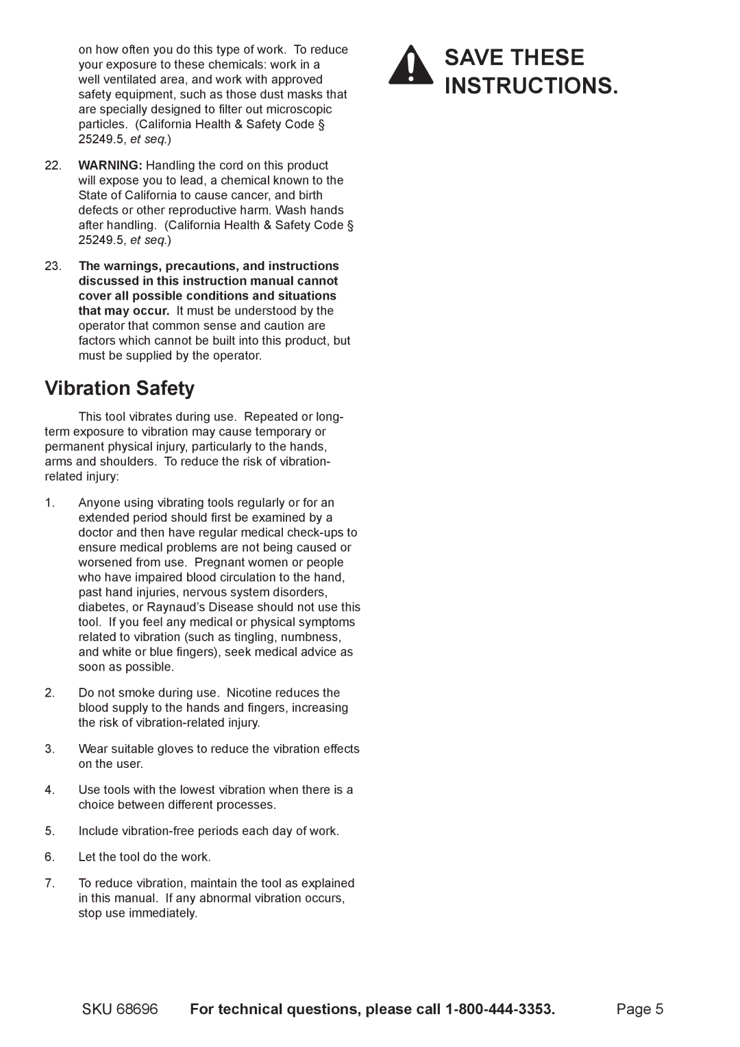 Chicago Electric 68696 owner manual Vibration Safety 