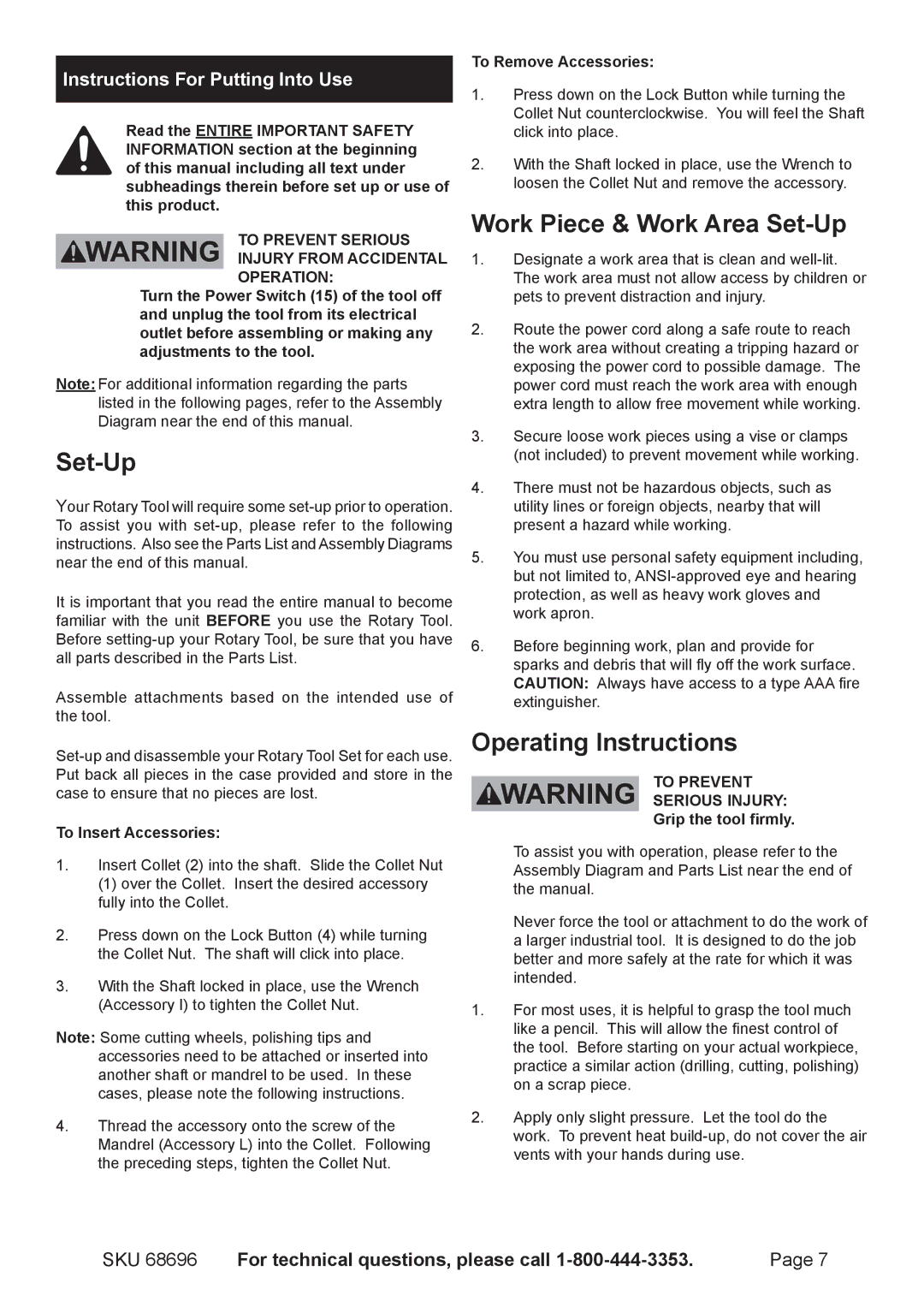 Chicago Electric 68696 Work Piece & Work Area Set-Up, Operating Instructions, Instructions For Putting Into Use 