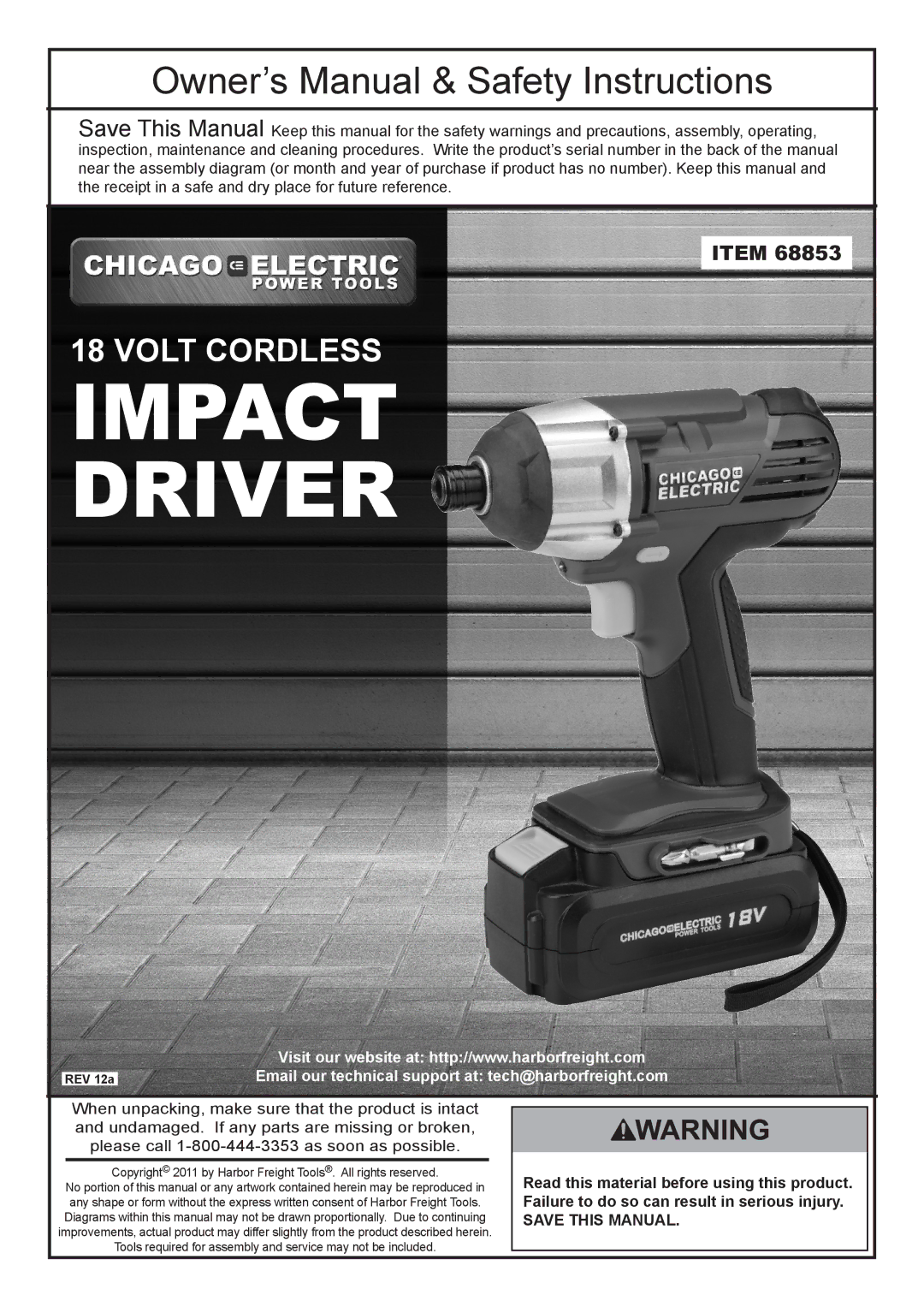 Chicago Electric 68853 owner manual Impact Driver 