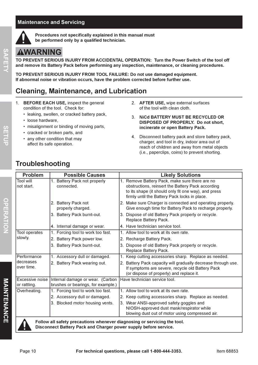 Chicago Electric 68853 owner manual Cleaning, Maintenance, and Lubrication, Troubleshooting, Maintenance and Servicing 