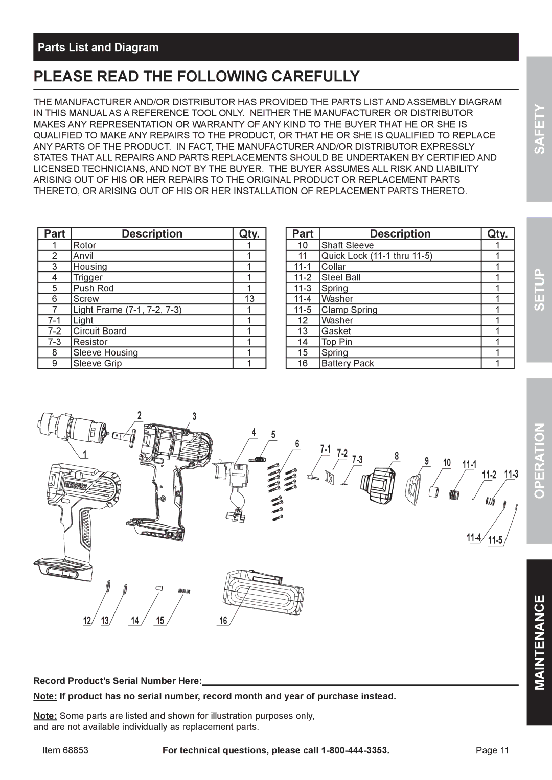 Chicago Electric 68853 owner manual Please Read the Following Carefully, Parts List and Diagram 