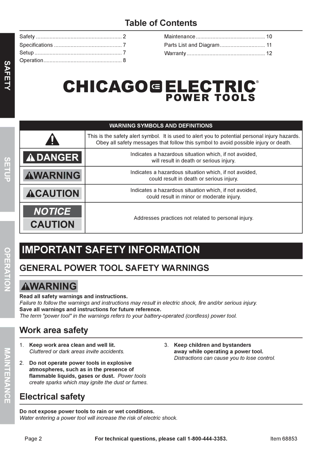 Chicago Electric 68853 owner manual Table of Contents, Work area safety, Electrical safety 