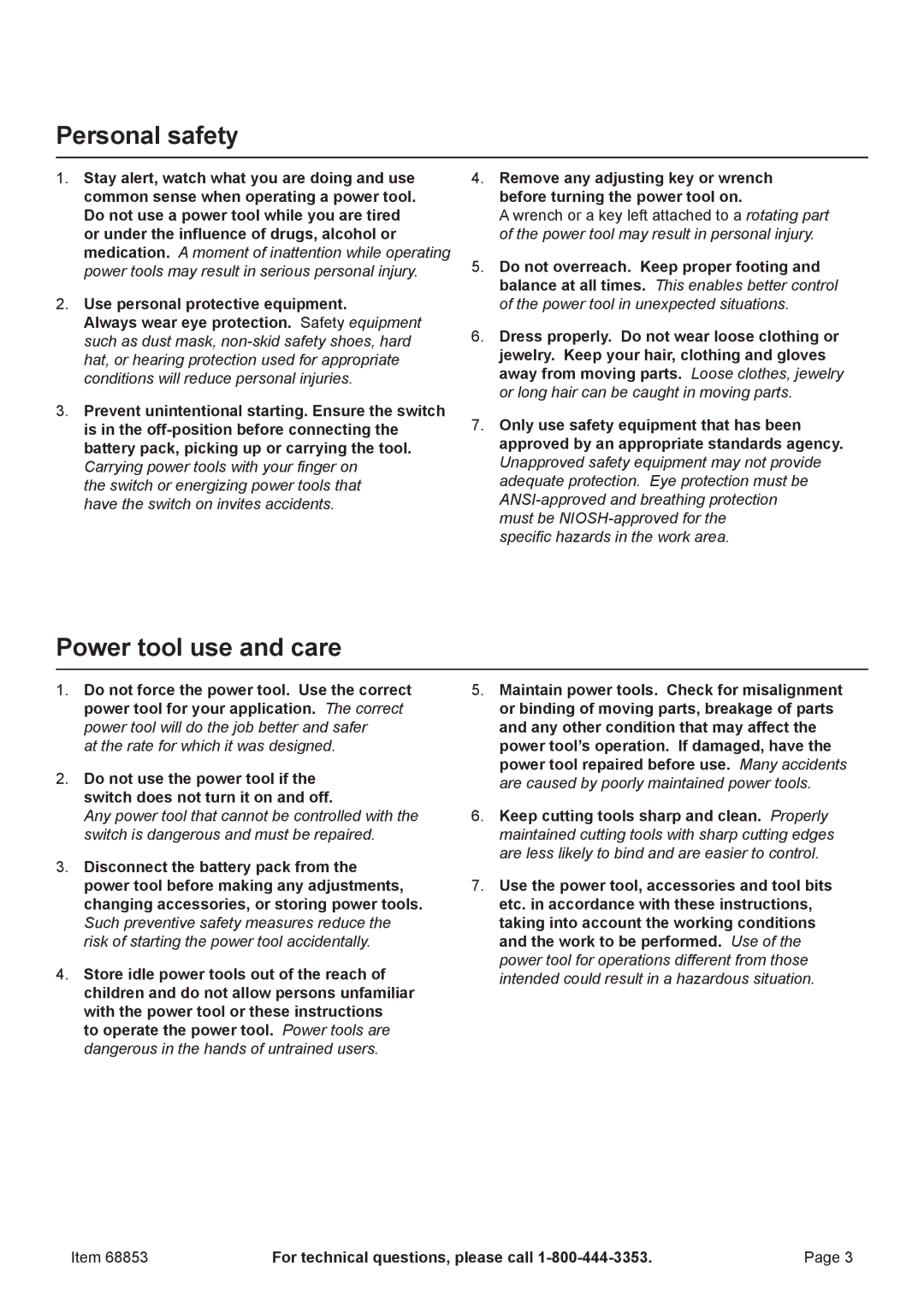 Chicago Electric 68853 owner manual Personal safety, Power tool use and care 