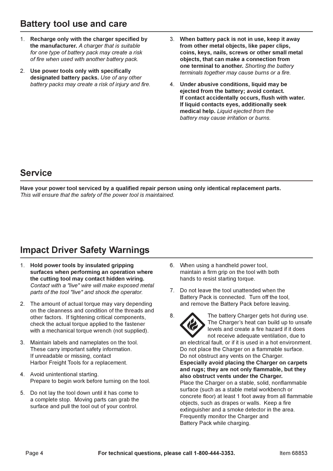 Chicago Electric 68853 owner manual Battery tool use and care, Service, Impact Driver Safety Warnings 