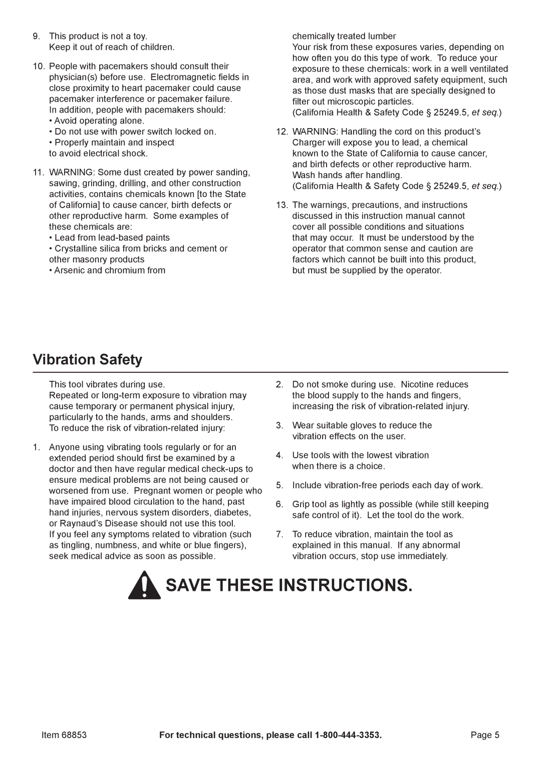 Chicago Electric 68853 owner manual Vibration Safety 