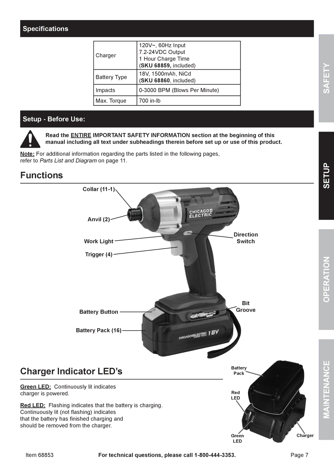 Chicago Electric 68853 owner manual Functions, Charger Indicator LED’s, Specifications, Setup Before Use 