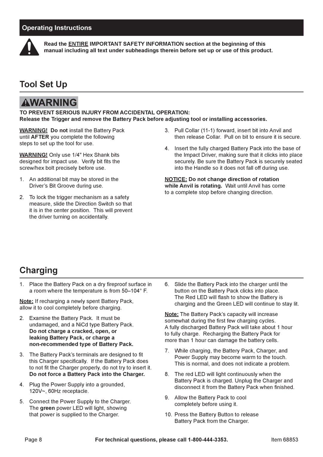 Chicago Electric 68853 owner manual Tool Set Up, Charging, Operating Instructions 