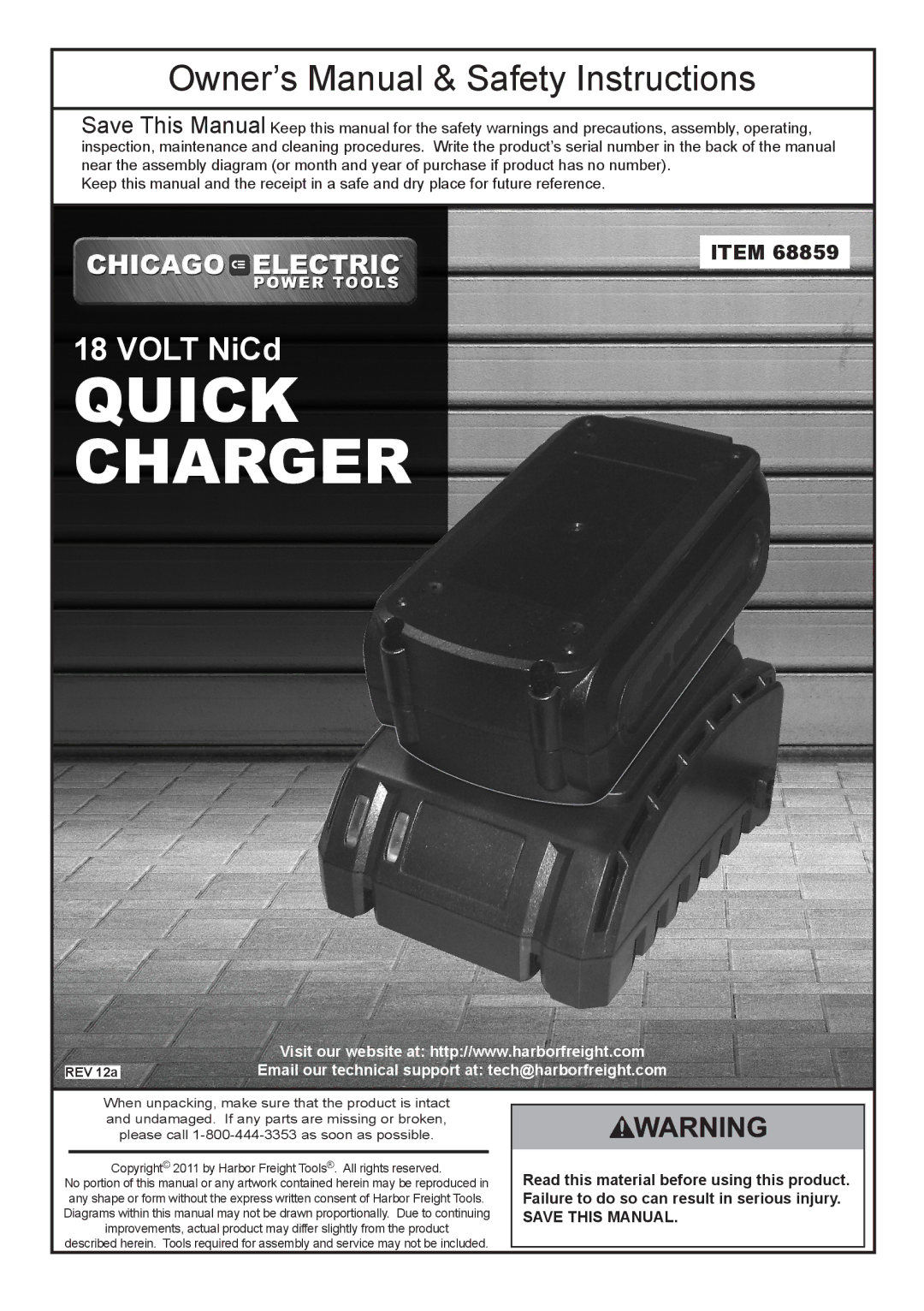 Chicago Electric 68859 owner manual Quick Charger 