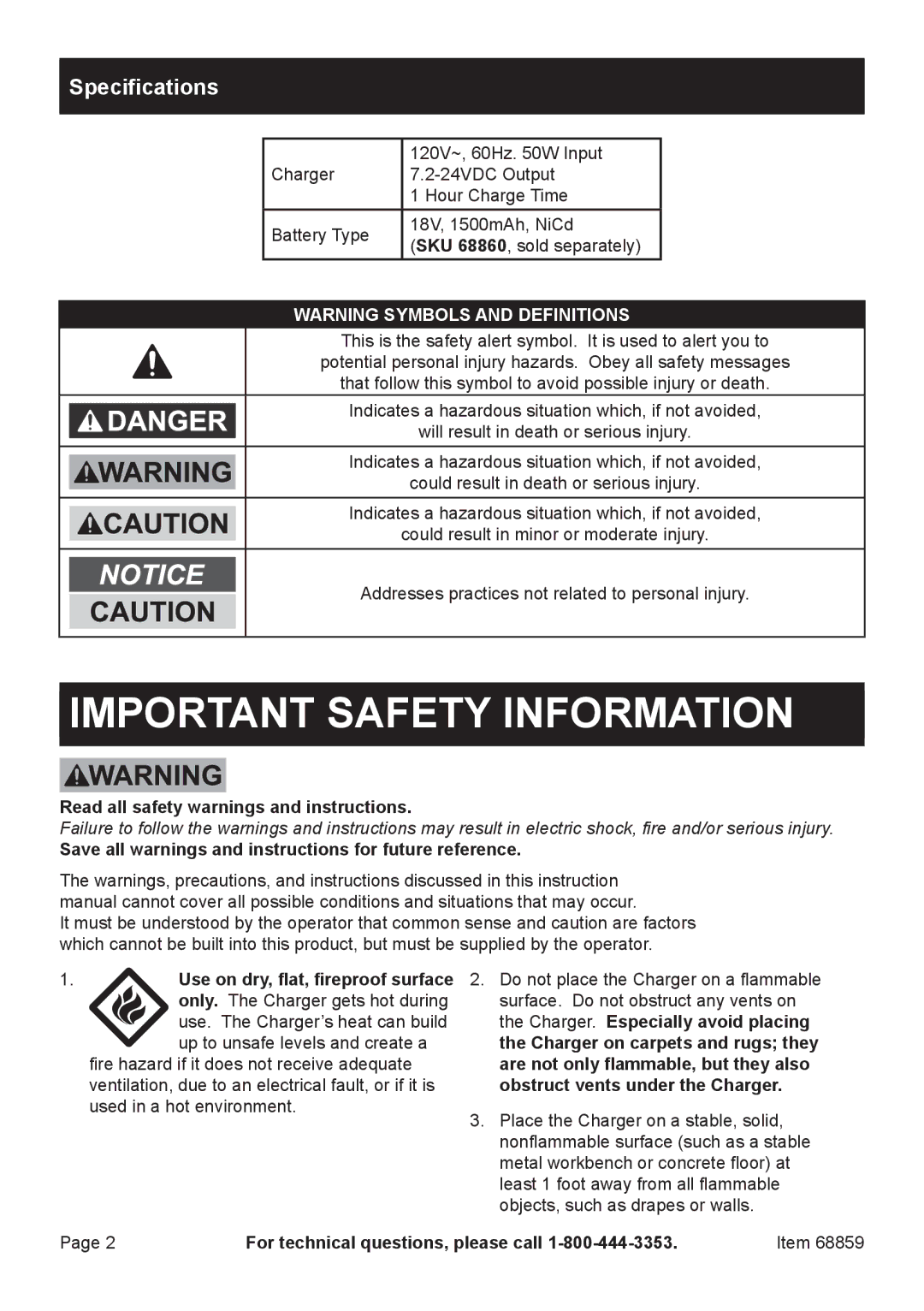 Chicago Electric 68859 owner manual Important Safety Information, Specifications 