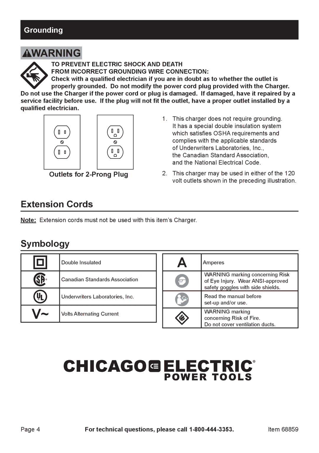 Chicago Electric 68859 owner manual Extension Cords Symbology, Grounding 