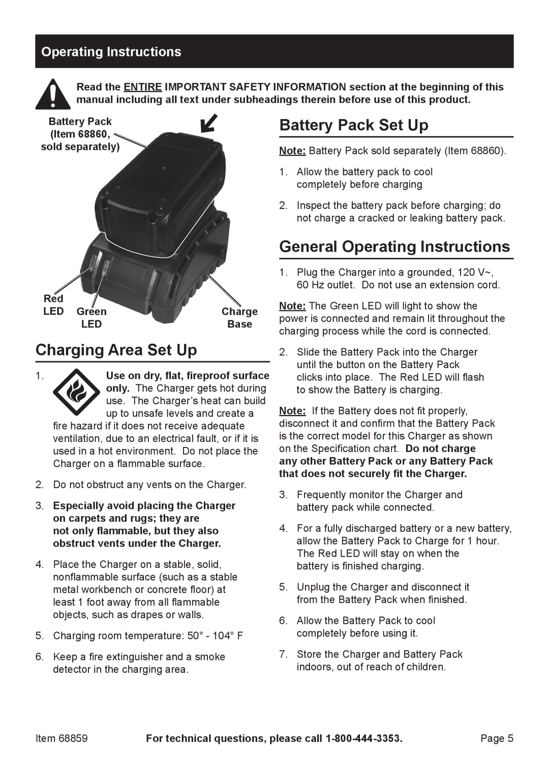 Chicago Electric 68859 owner manual Battery Pack Set Up, General Operating Instructions, Charging Area Set Up 