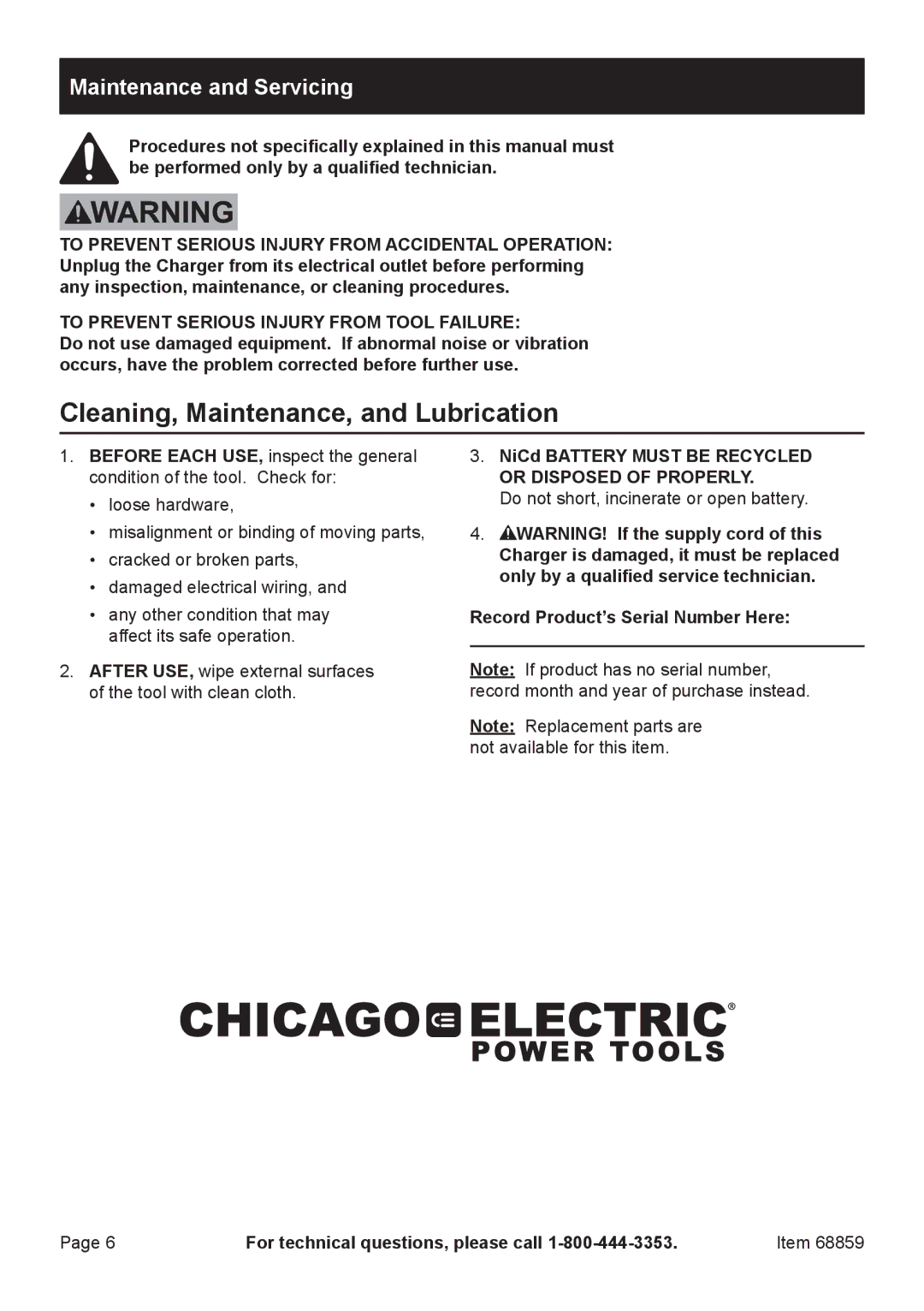 Chicago Electric 68859 owner manual Cleaning, Maintenance, and Lubrication, Maintenance and Servicing 