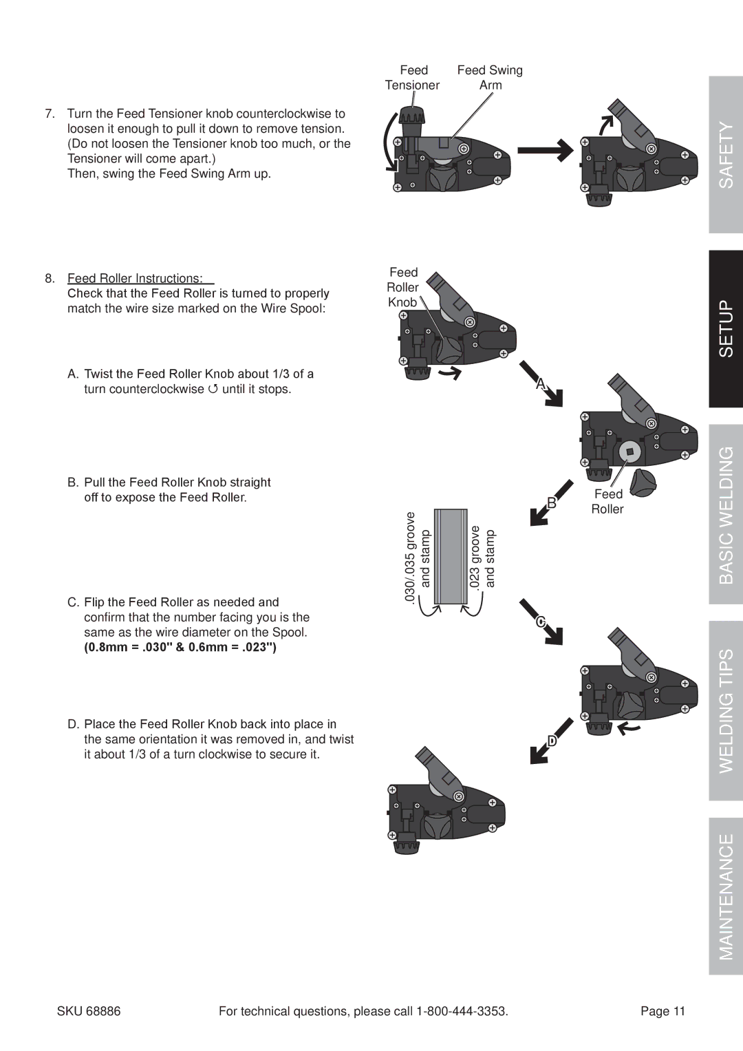 Chicago Electric 68886 owner manual Tensioner Arm, Feed Roller Instructions, 8mm = .030 & 0.6mm = 