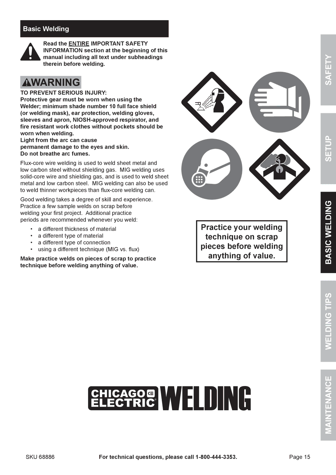 Chicago Electric 68886 owner manual Safety Setup Basic Welding Welding Tips Maintenance, To Prevent Serious Injury 