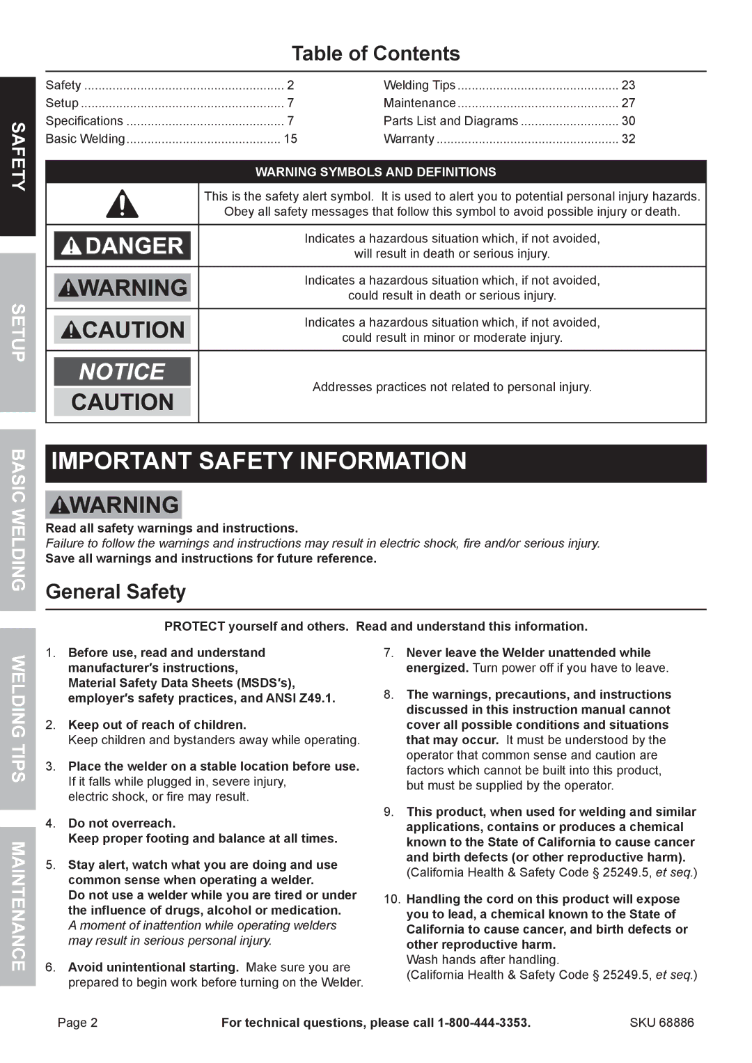 Chicago Electric 68886 owner manual Table of Contents, General Safety 