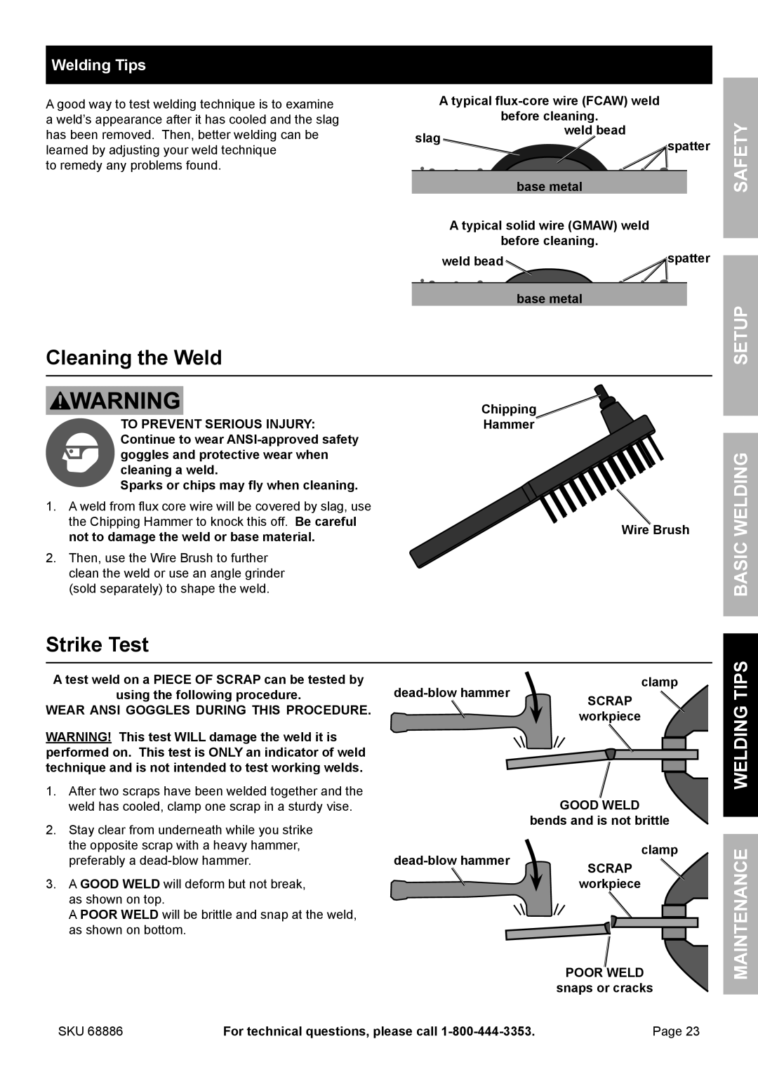 Chicago Electric 68886 owner manual Cleaning the Weld, Strike Test, Welding Tips 