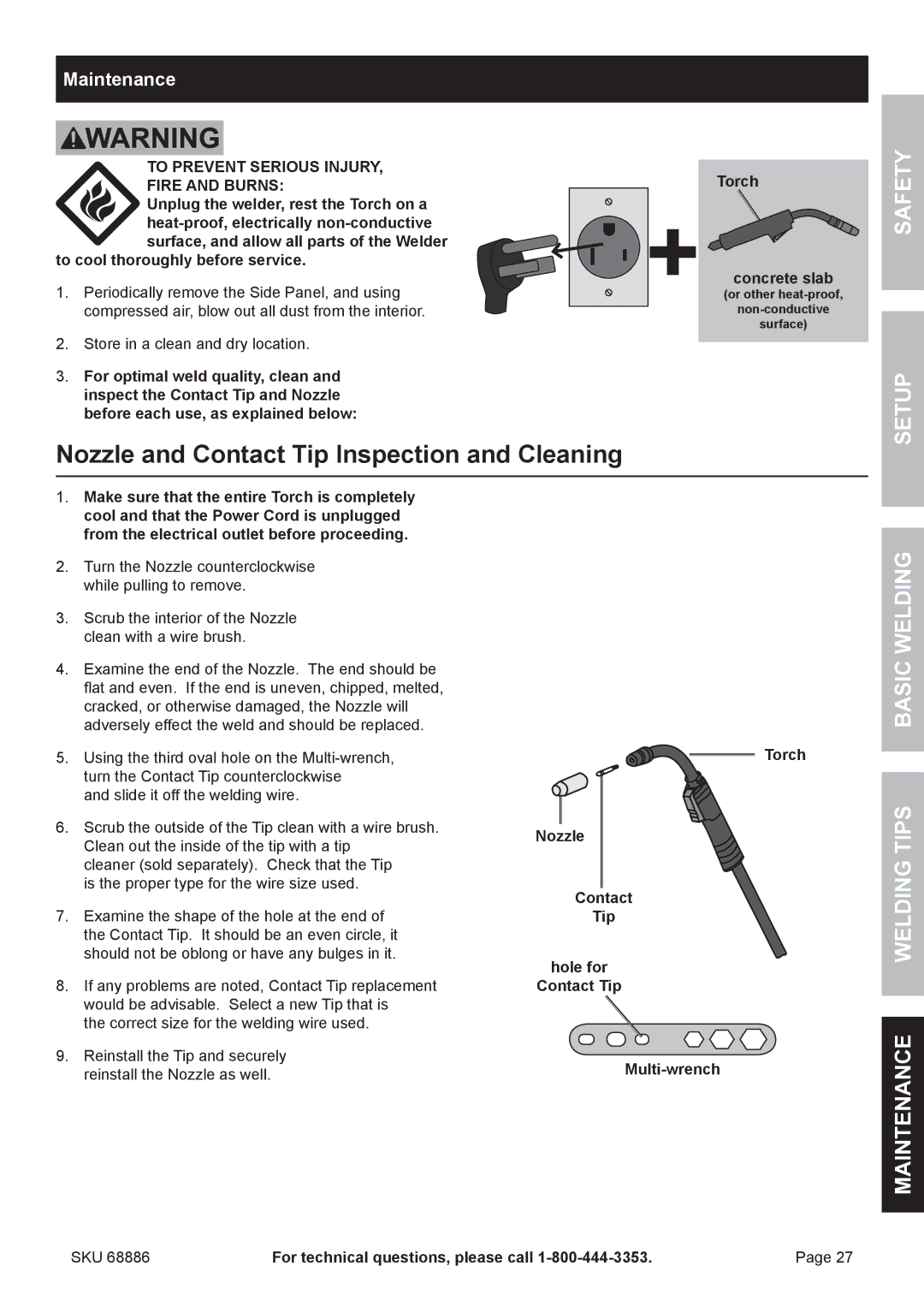 Chicago Electric 68886 owner manual Nozzle and Contact Tip Inspection and Cleaning, Maintenance, Fire and Burns 