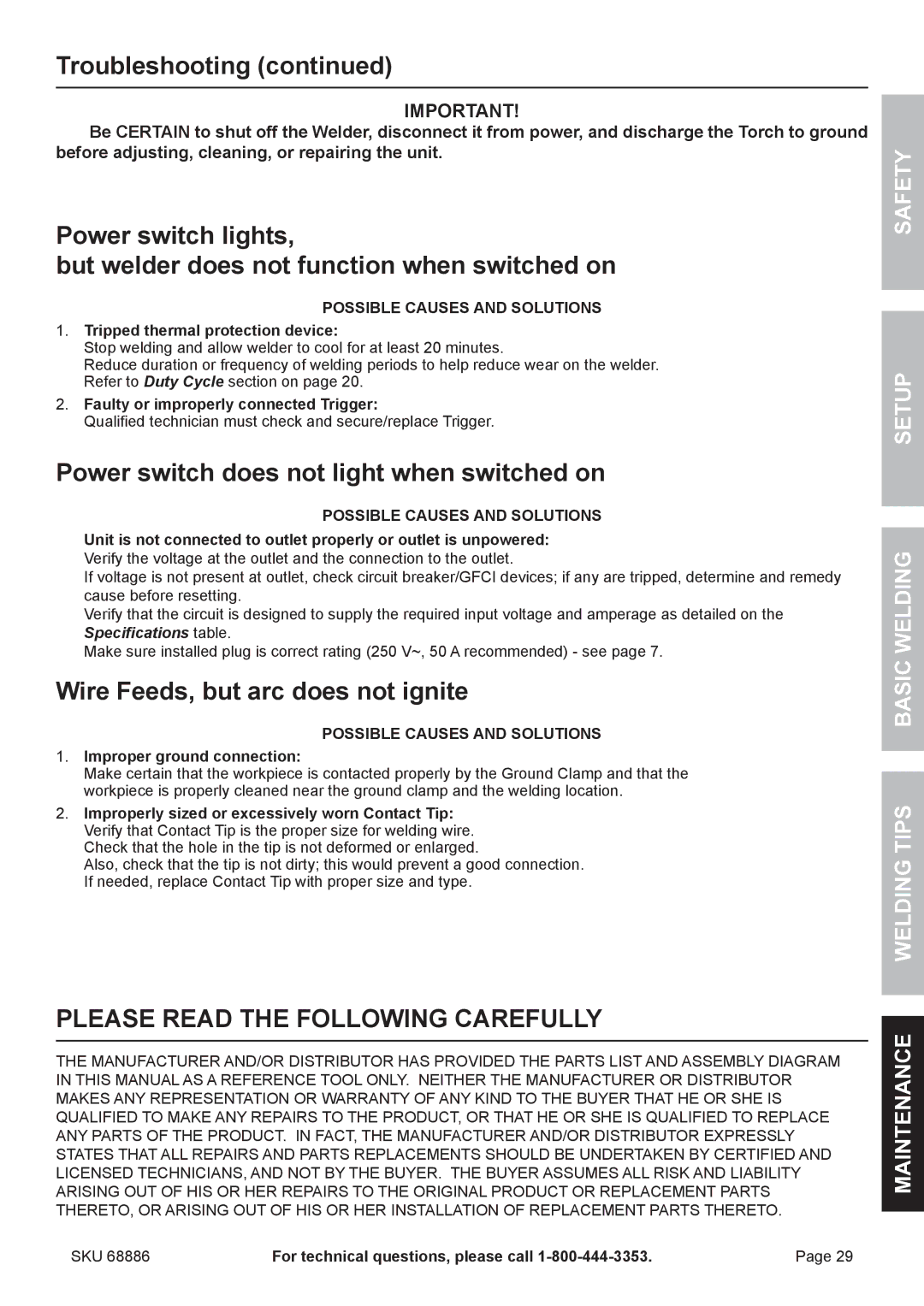 Chicago Electric 68886 Troubleshooting, Power switch does not light when switched on, Wire Feeds, but arc does not ignite 