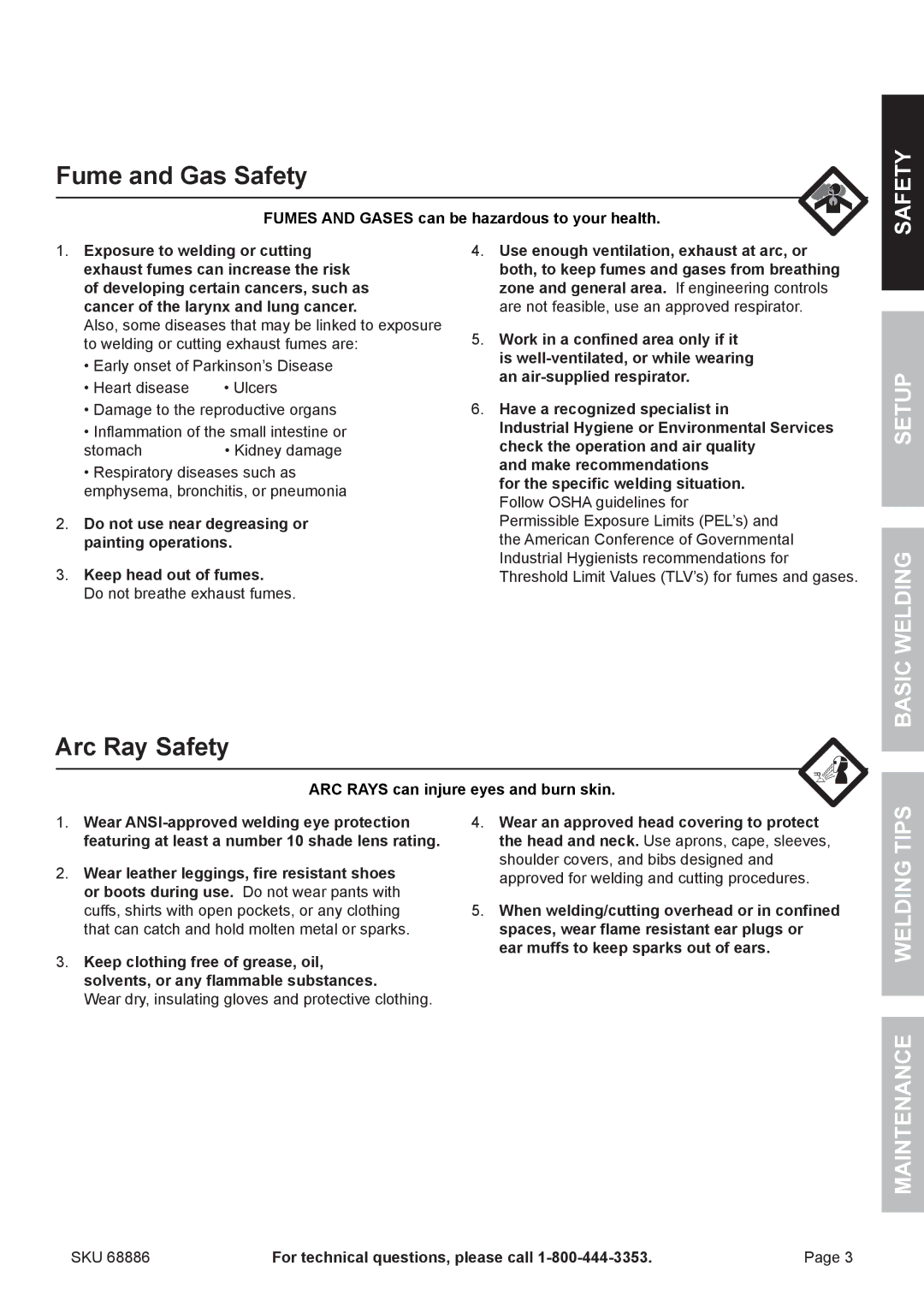 Chicago Electric 68886 owner manual Fume and Gas Safety, Arc Ray Safety, Setup Basic Welding Welding Tips Maintenance 