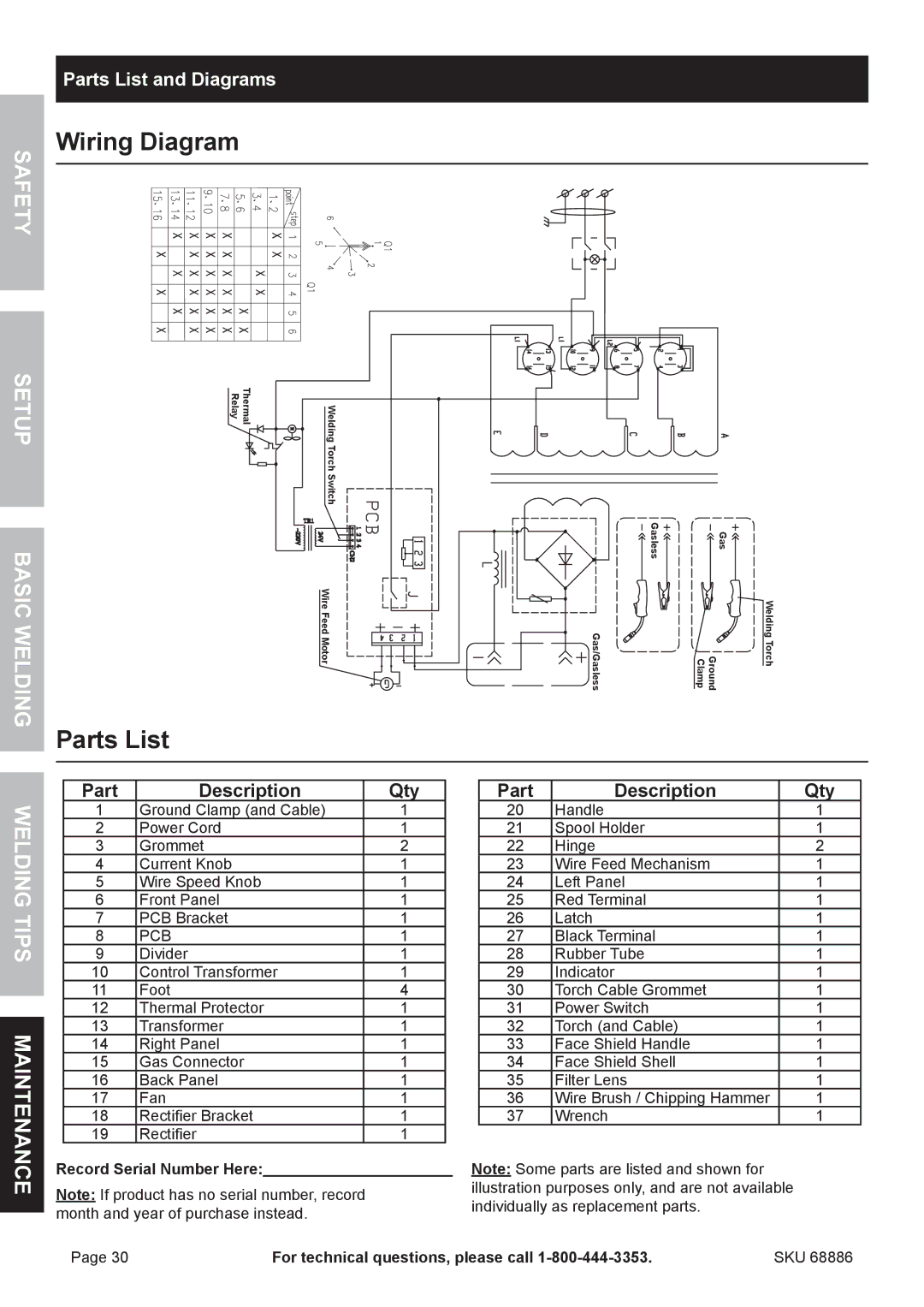 Chicago Electric 68886 owner manual Wiring Diagram, Parts List and Diagrams, Record Serial Number Here 