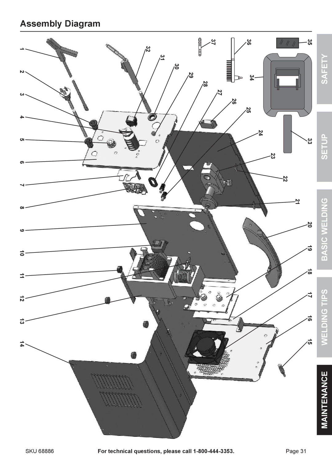 Chicago Electric 68886 owner manual Assembly Diagram, 3 4 5 6 7 8 9 10 11 12 13 