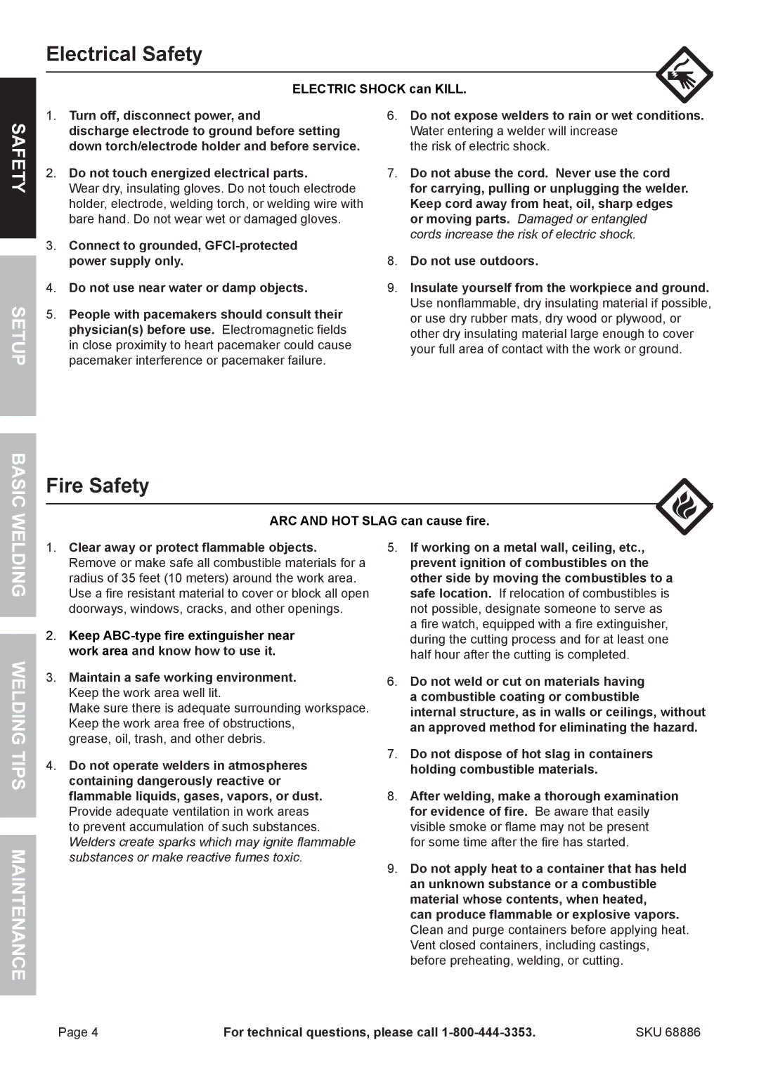 Chicago Electric 68886 owner manual Electrical Safety, Fire Safety, Safety Setup, Basic, Welding Welding Tips Maintenance 