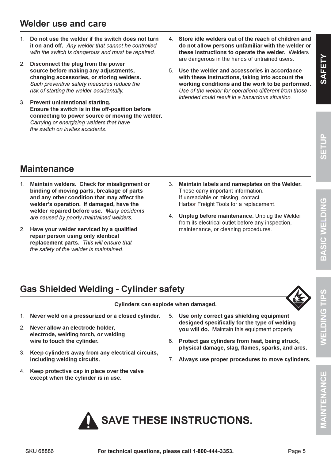 Chicago Electric 68886 Welder use and care, Gas Shielded Welding Cylinder safety, Tips, Welding Maintenance 