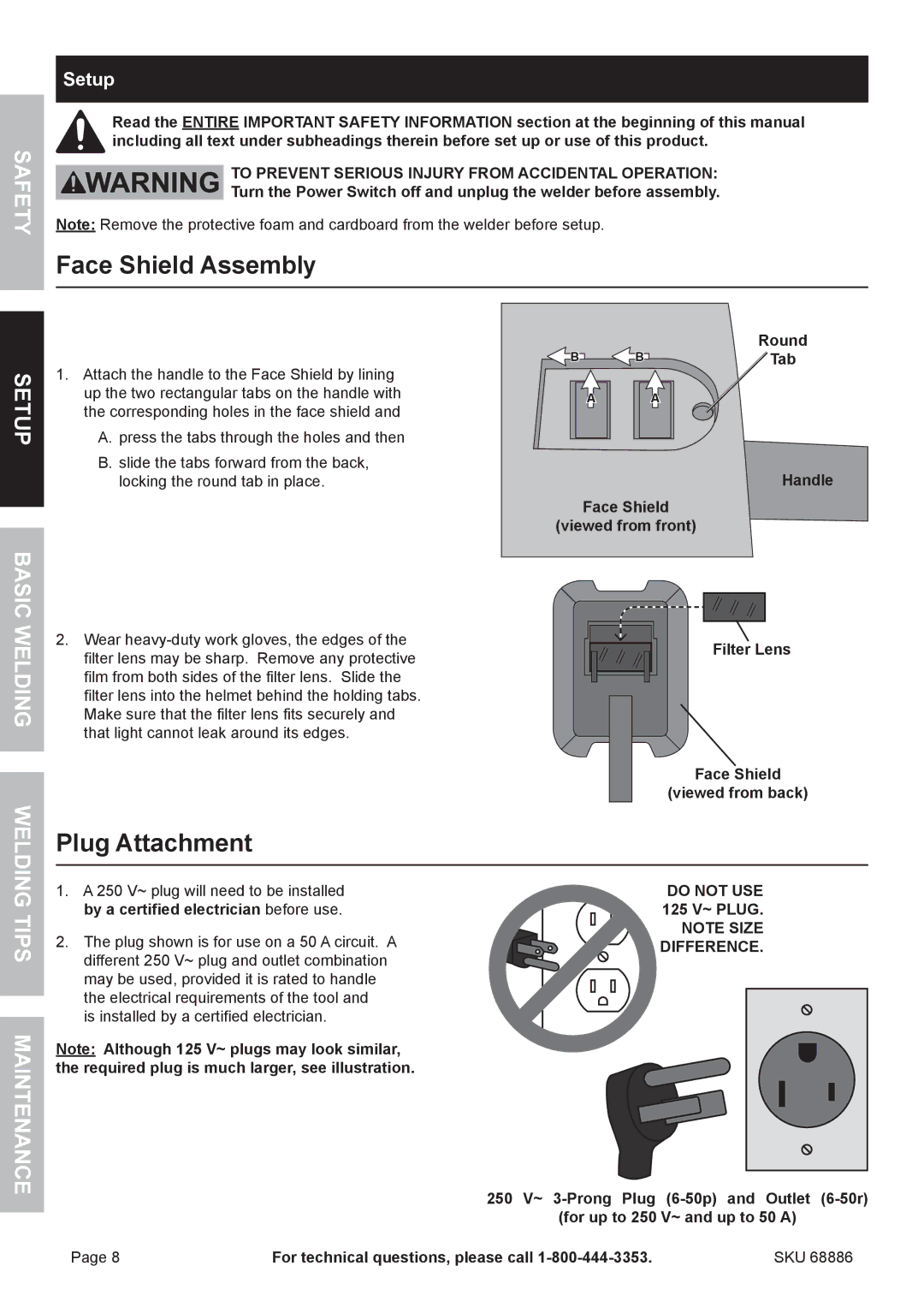 Chicago Electric 68886 owner manual Face Shield Assembly, Plug Attachment, Tips Maintenance, Setup 