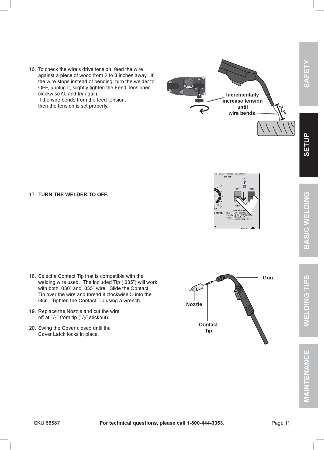 Chicago Electric 68887 manual Setup Basic Welding Welding Tips Maintenance, Incrementally Increase tension Until Wire bends 