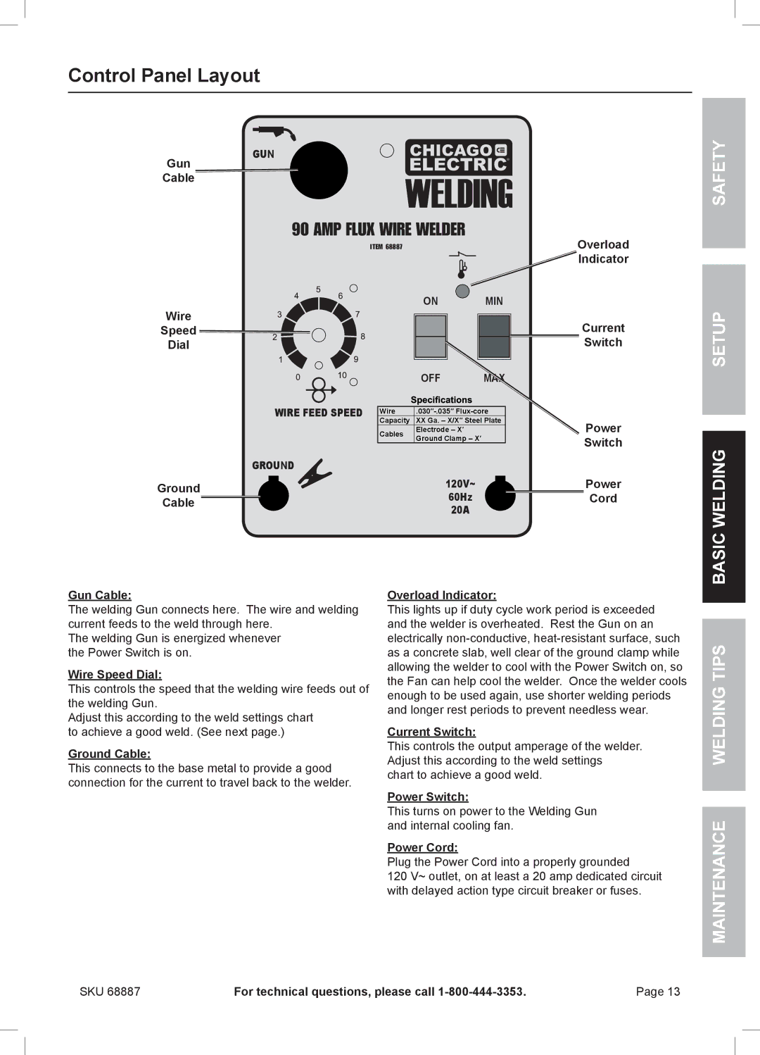 Chicago Electric 68887 manual Control Panel Layout, Safety Setup Basic Welding Welding Tips Maintenance 