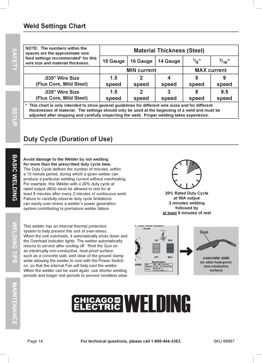 Chicago Electric 68887 manual Weld Settings Chart, Duty Cycle Duration of Use, Wire size and material thickness 