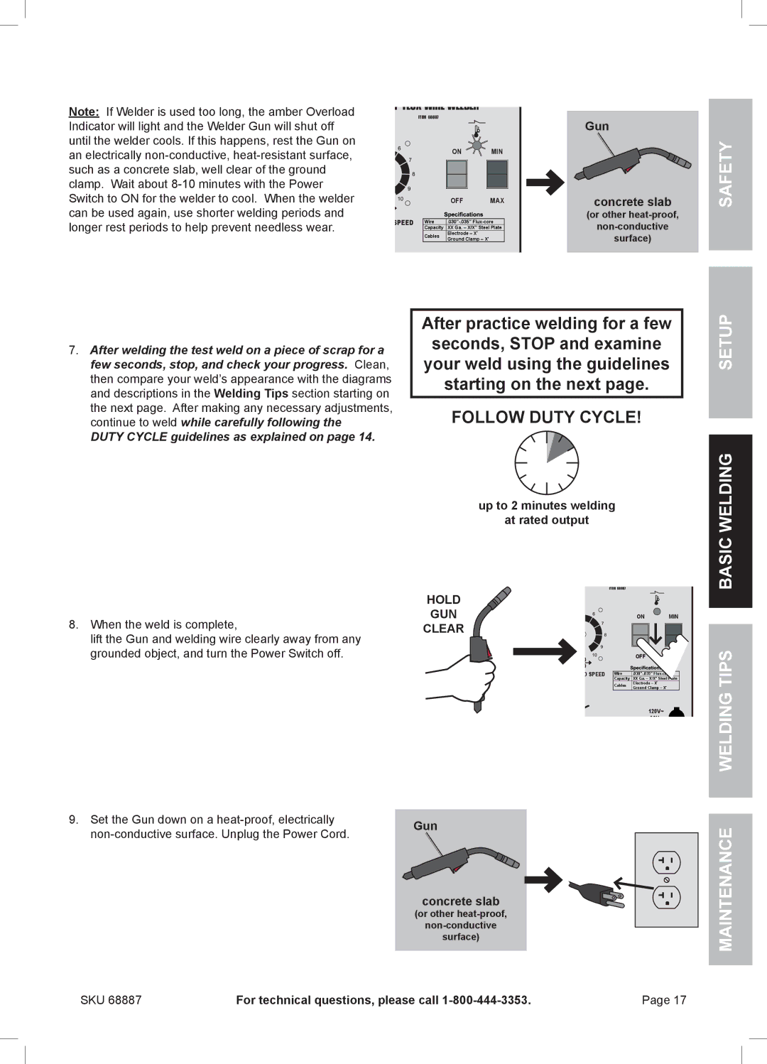 Chicago Electric 68887 manual Up to 2 minutes welding At rated output, Hold GUN Clear 