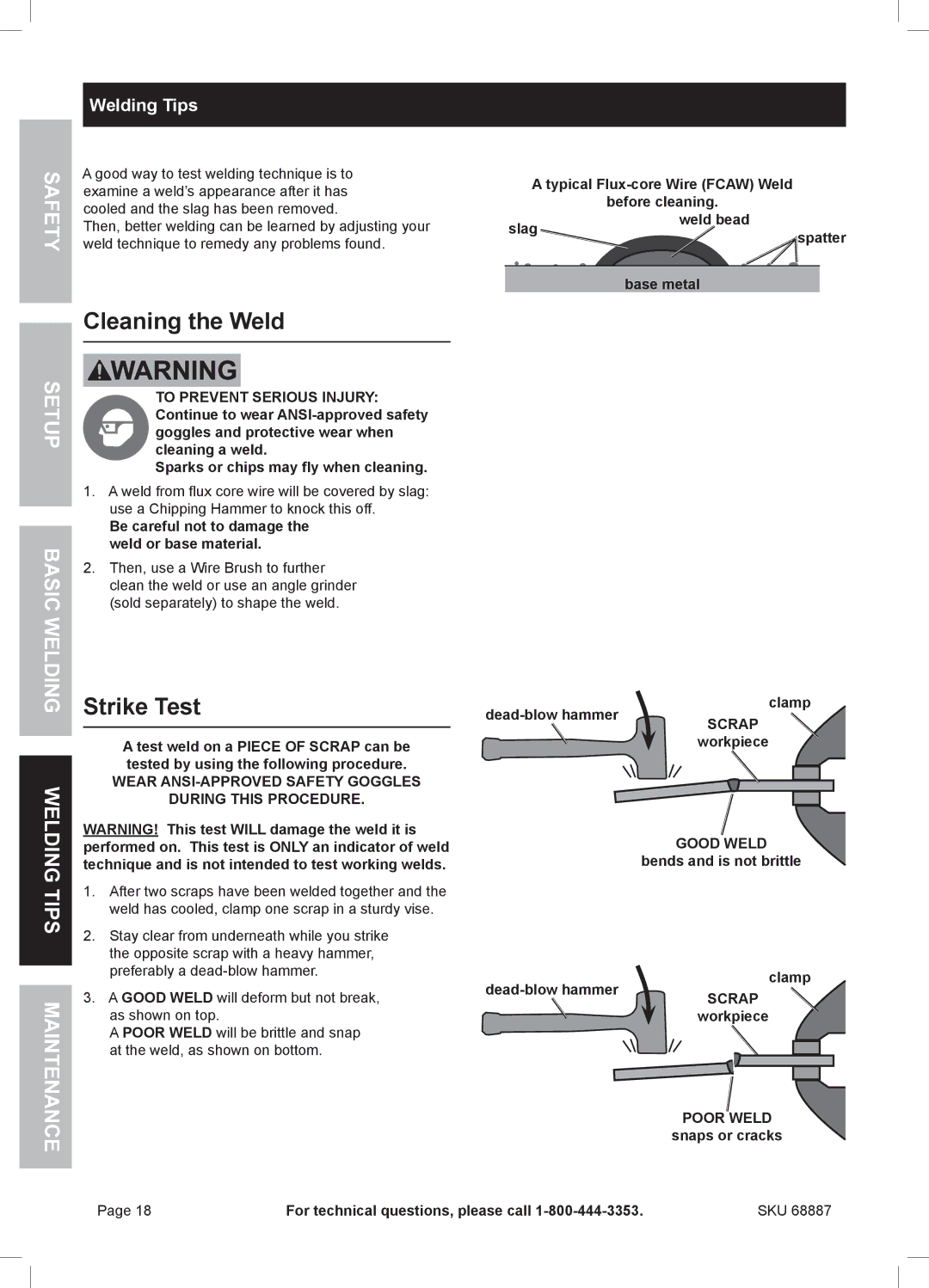 Chicago Electric 68887 manual Cleaning the Weld, Strike Test, Welding Tips 