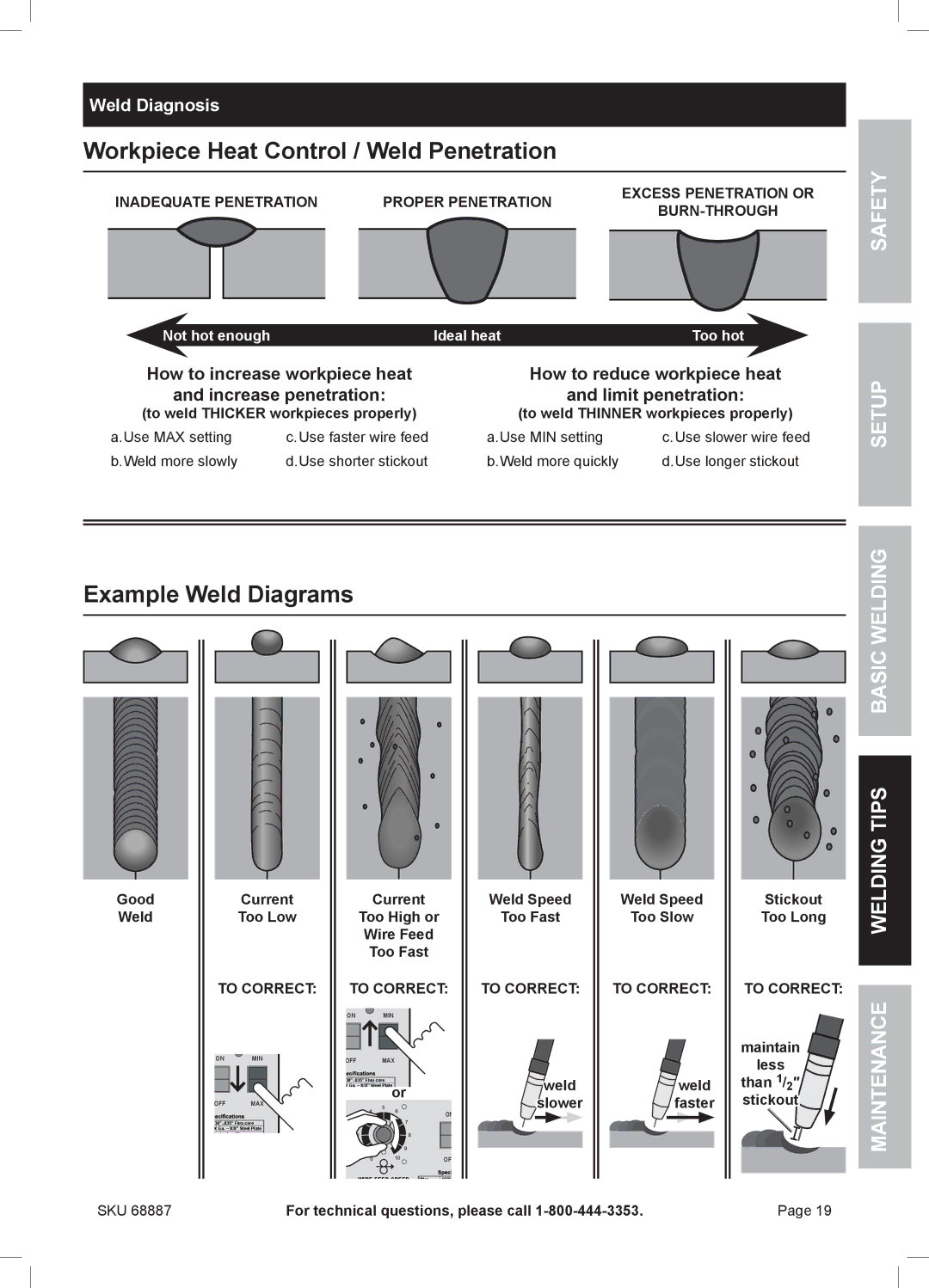 Chicago Electric 68887 manual Workpiece Heat Control / Weld Penetration, Example Weld Diagrams, Weld Diagnosis, To Correct 